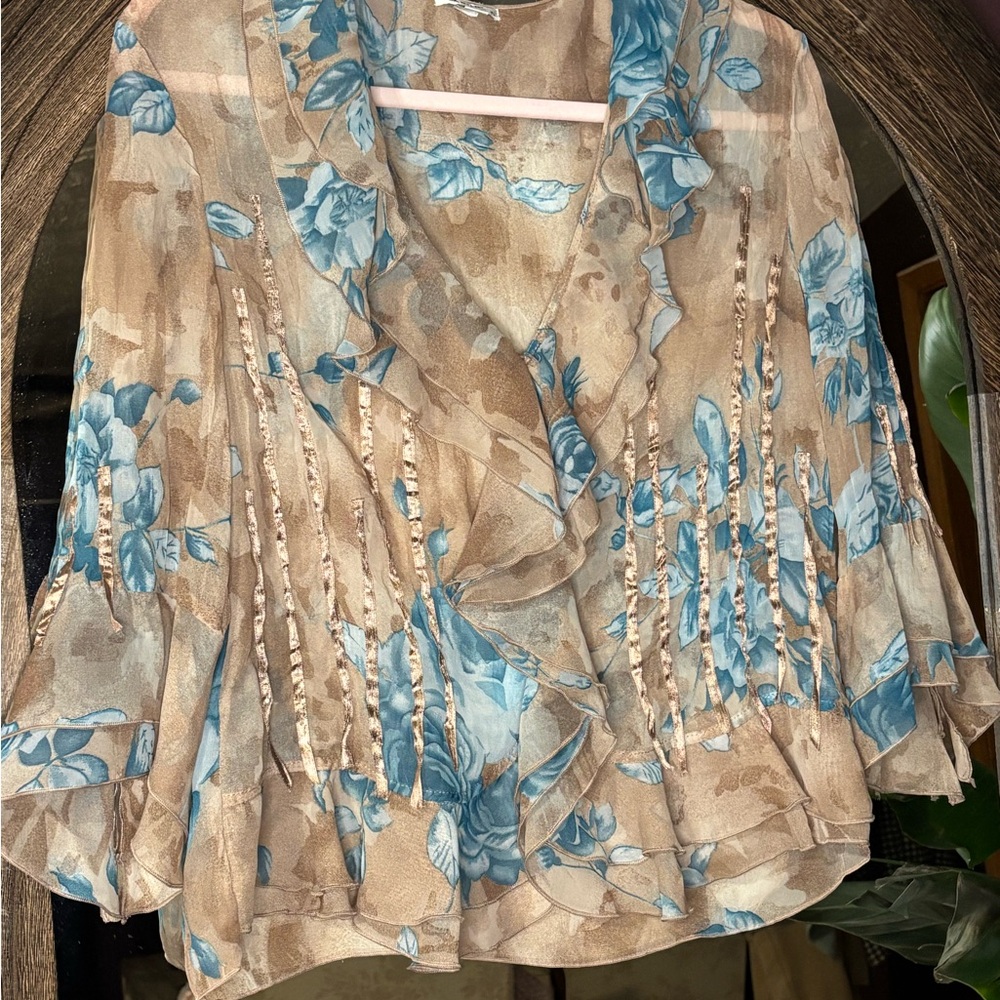 Floral Ruffle Blouse - Blue and Tan